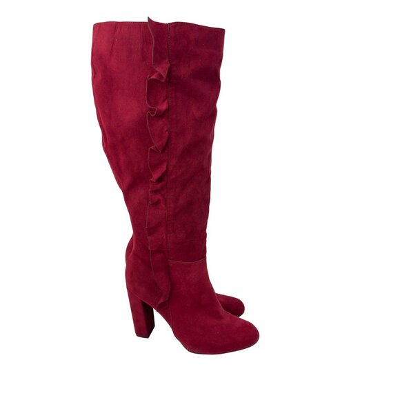 Journee Collection Women Red Knee-High Heeled Boots With Ruffle Detail Size 9 - Picture 2 of 15